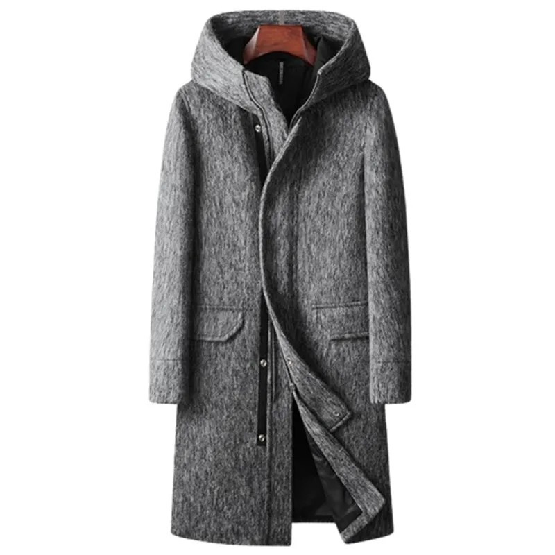 High Quality Woolen Coats Men Autumn Winter Long Hooded Wool Trench Male Thick Warm Solid Business Casual Outwear Coat Man 251017