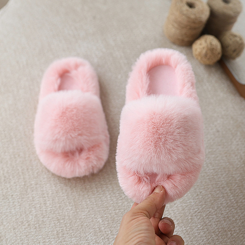 Kids Winter Fluffy Slippers Girl House Home Fur Slippers For Girls Boys Toddler Children Flat Platform Cozy Fuzzy Indoor Slippers Slides Sizes 24 - 35