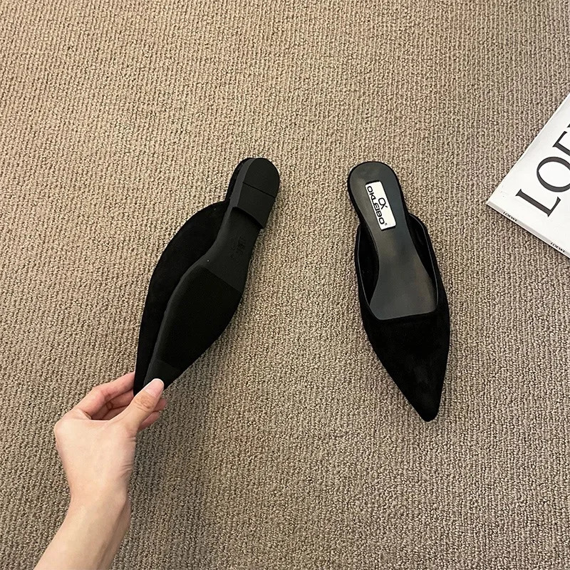Women Slippers Pointed Toe Leopard Shallow Slip on Thin Low Heels Black Flock Casual Mules Loafers Black Outdoor 251023