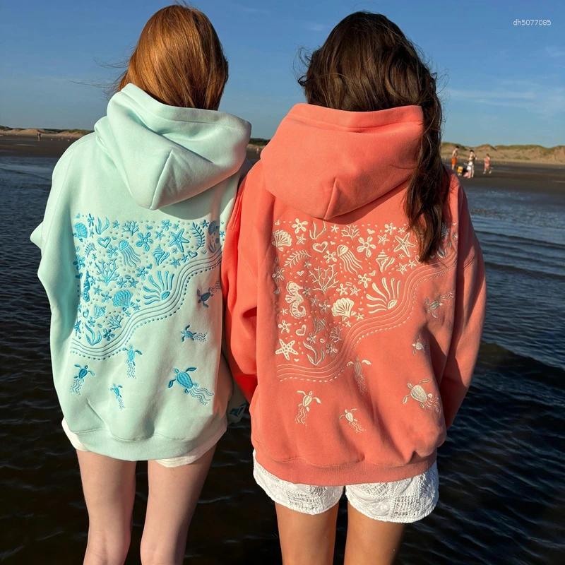 Women's Hoodies Combhasaki Cute For Teen Girls Graphic Embroidery Oversized Preppy Sweatshirt Long Sleeve Aesthetic Beach Hooded Top
