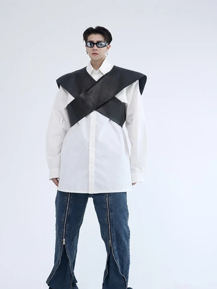 SYUHGFA Men Clothing Autumn Personalized PU Leather Waistcoat Trend Waistcoat Korean Streetwear Mens Short Vest 251024