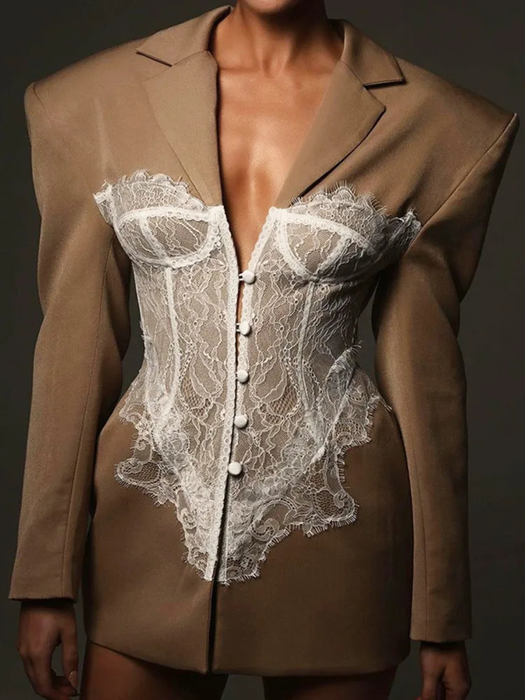 ZMEENNA Spring Womens Black Blazer With Delicate White Lace Corset Overlay Structured Shoulders ZM954 251024