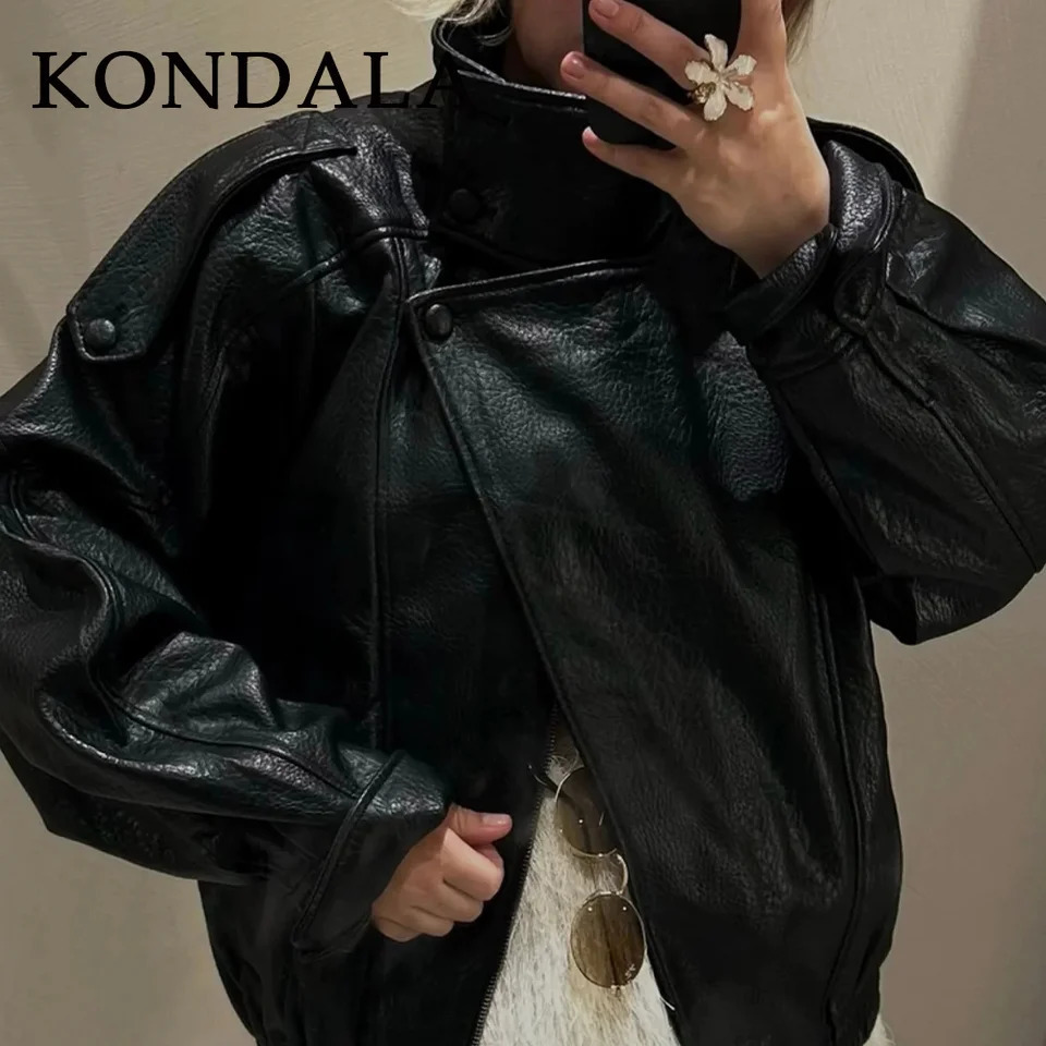 KONDALA Fall Winter Faux Leather Women Vintage Coats Fashion Streetwear Zipper Turndown Collar Christmas Ladies Leathers 251020