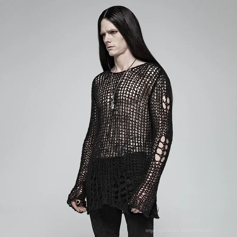 PUNK RAVE Mens Gothic Casual Broken Hole Pullovers Personality Black loose Sweater punk cosplay dark Visual Kei 251020