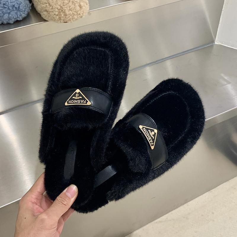 New Elegant Sweet Versatile Plush Slippers Womens Autumn Winter Indoor Outdoor Soft Warm Flat Free Shipping Black Kaki Off-White