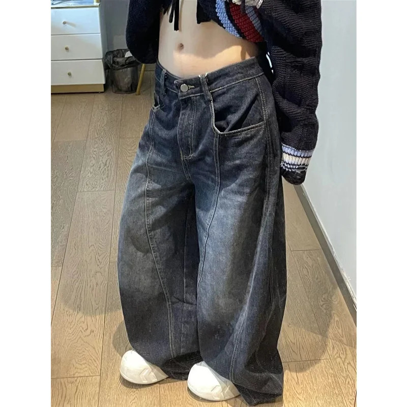 Black Womens Jeans High Waist Vintage Hip Hop Straight Baggy Denim Pants Street Y2K American Style Wide Leg Denim Trouser 251023