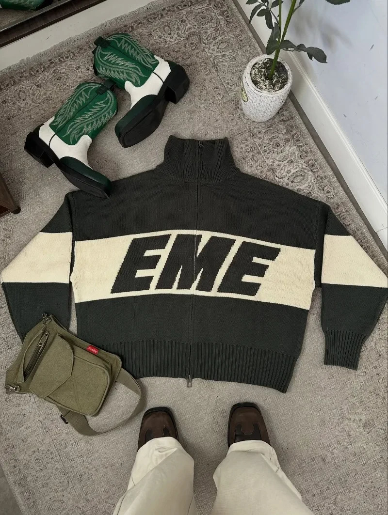 2025 Harajuku Spliced zipper Knit Sweater Fashionable Casual Sweater Men Women American Y2k Letter Embroidery Coat Jacke 251023