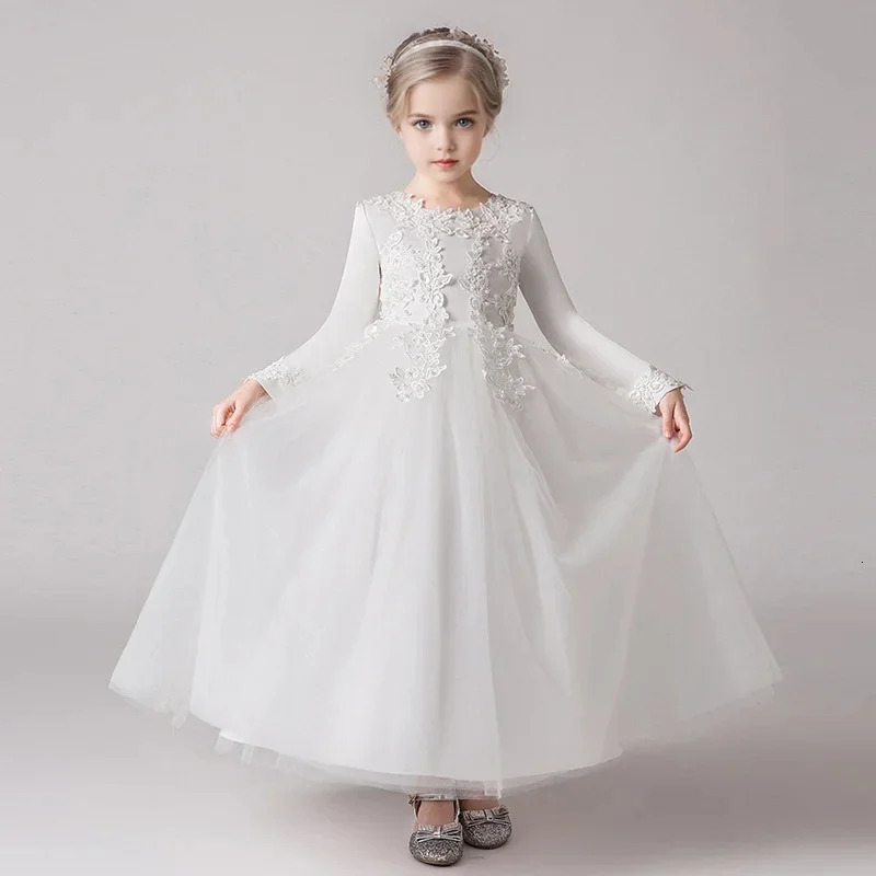 Flower Girl Wedding Long Sleeve Bridesmai Dress Teenage Girls White Baptismal Clothes Kids Birthday Party Princess Dress Easter 251023