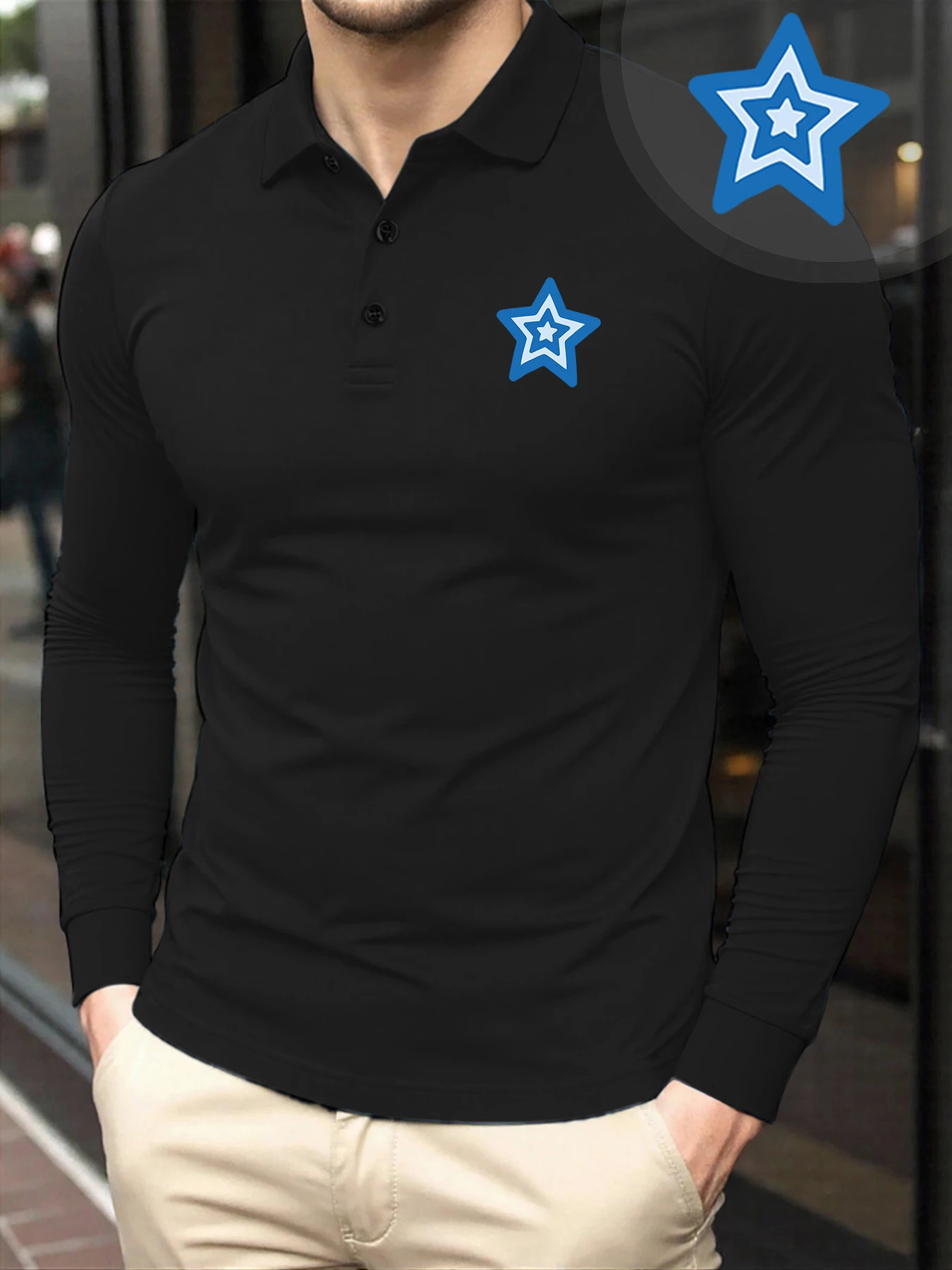 Creative Blue Star Printed Polo Shirt Men Soft TurnDown Collar T Shirts Breathable Autumn Streetwear Fashion Casual Long Sleeve 251020