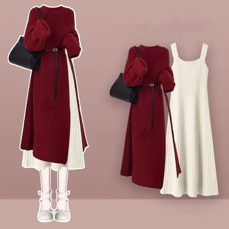 Womens Spring Autumn Long Split Sweater Sling Dress Two Piece Set Lady Graceful Black Knit Clothing Sleeveless Dresses Outfits 251020