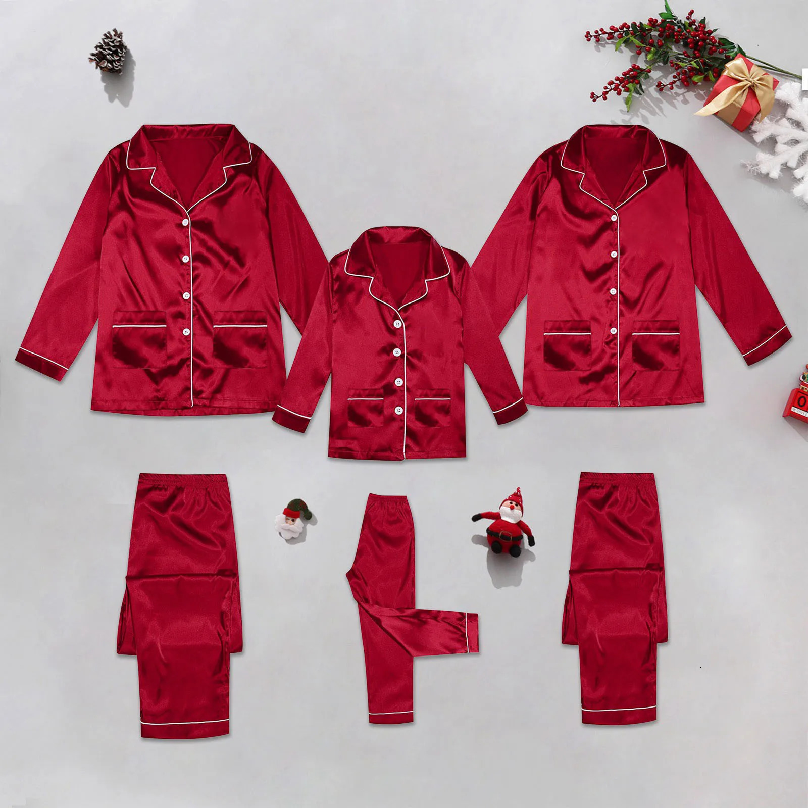 Satin Silk Button Down Pajamas PjS Sets Solid Two Piece Family Matching Sleepwear Merry Christmas Print Pajamas Set 251023