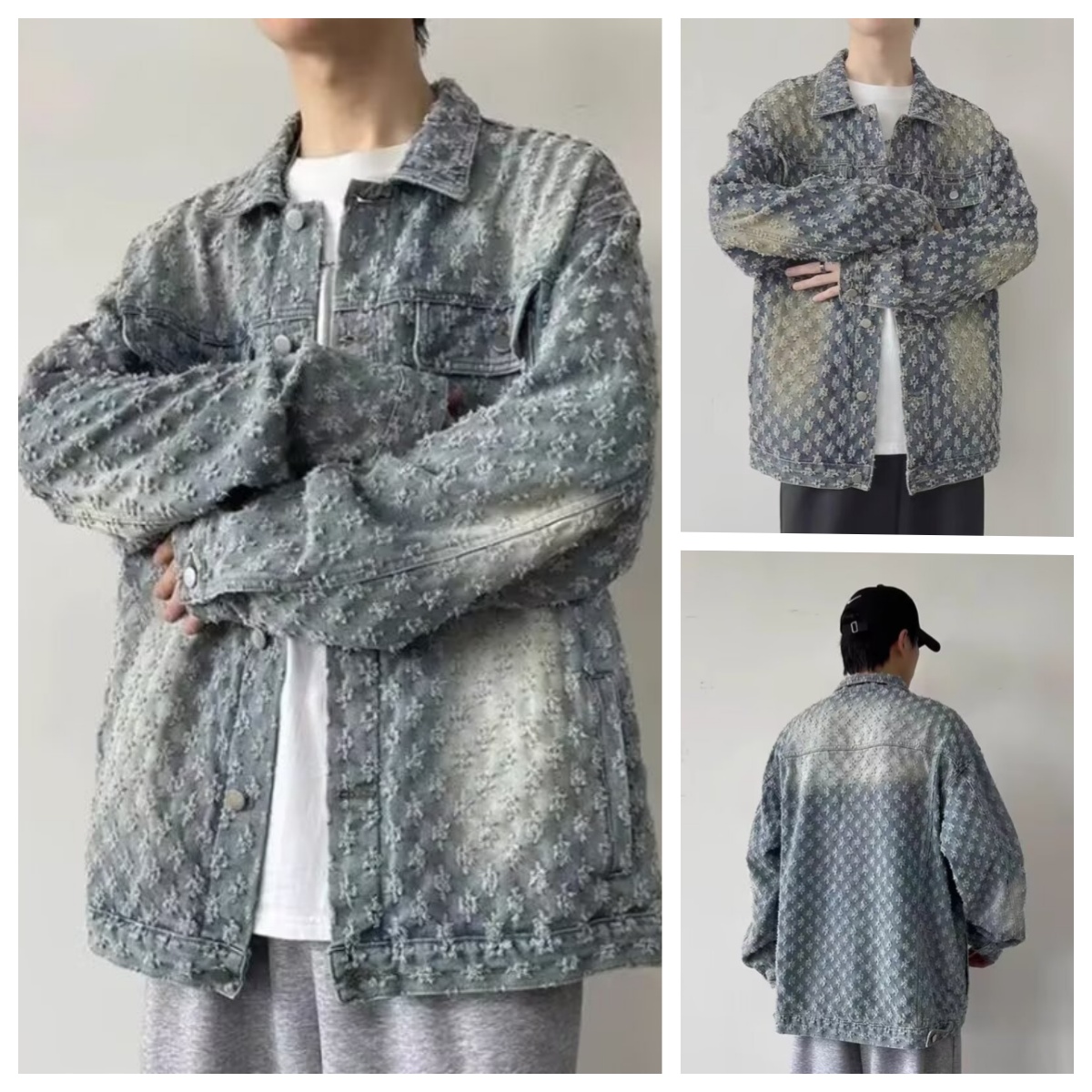 Designer Men's Denim Jacket Washed Jacquard Pattern Loosen Fit Vintage design Coats Jackets Tops Males Casual Winter Clothes Asian Size M-3XL