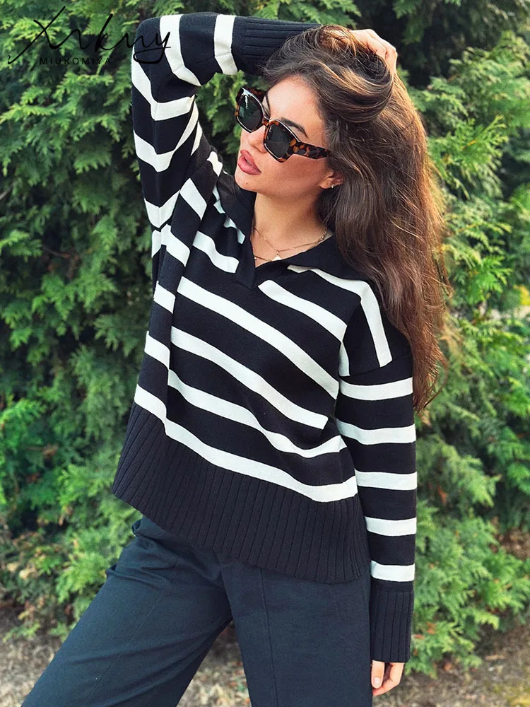 MiuKoMiYa Autumn Striped Sweater Women Loose Polo Knit Pullover Warm Long Sleeves Tops Khaki Knitted Jumpers Women Oversized 251023