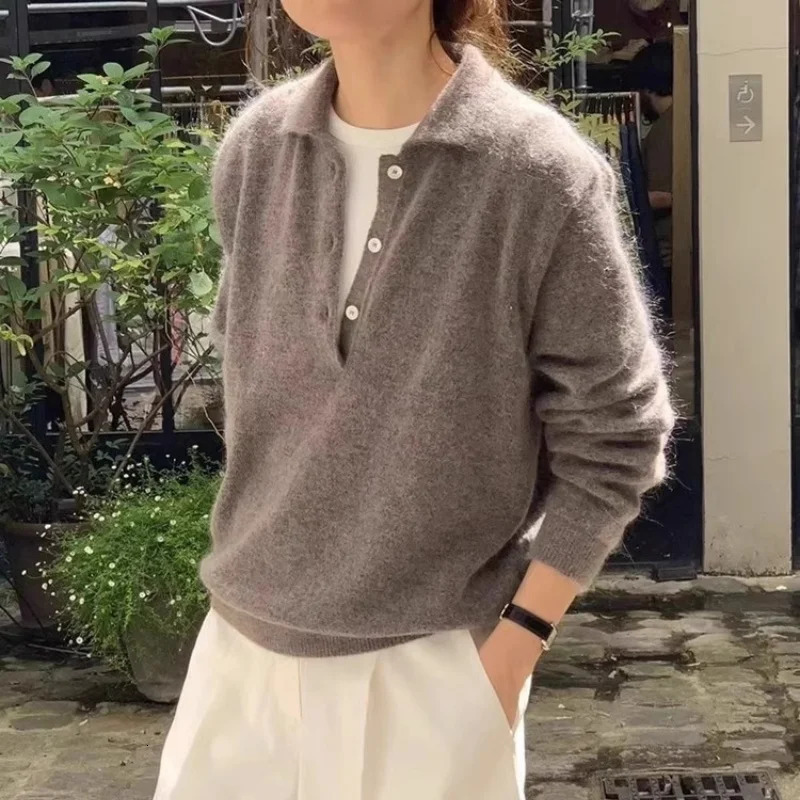100 Wool Womens Knitted Sweater 2025 AutumnWinter Solid Color Casual Collar Polo Wool Sweater 251023