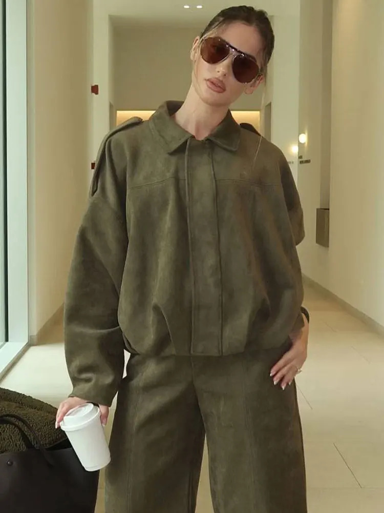 Vintage Womens Suede Bomber Jacket Solid Long Sleeves Lapel Zipper Coats Autumn Chic Streetwear Casual Lady Outwear 251020