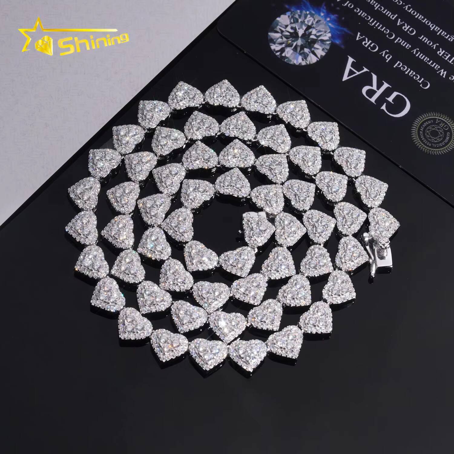 Hot Selling 8mm Width Heart Shape Iced Out VVS Moissanite Chain Cuban Link Hip Hop 925 Silver Men Moissanite Necklace