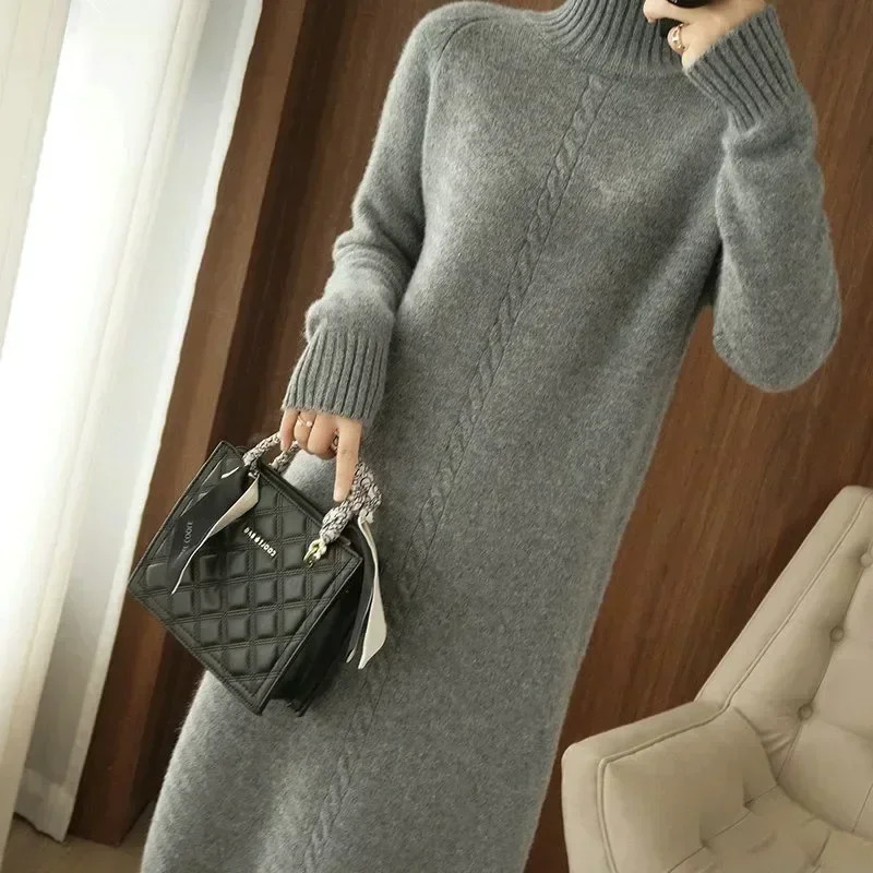 Thick Dress Warm Wool Long Sweater Women Autumn Winter HighNeck OverTheKnee Cashmere Knit Dress Large Size Base Shirt 251023