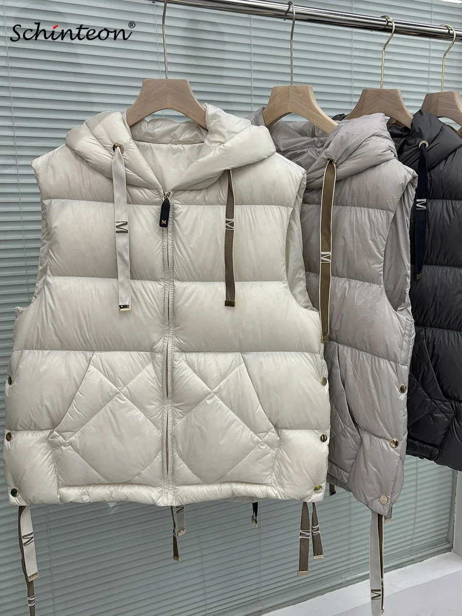 Schinteon Women 90 White Duck Down Vest with Hood Casual Sleeveless Jacket Simple Solid Color Fashionable Autumn Winter Top 251020