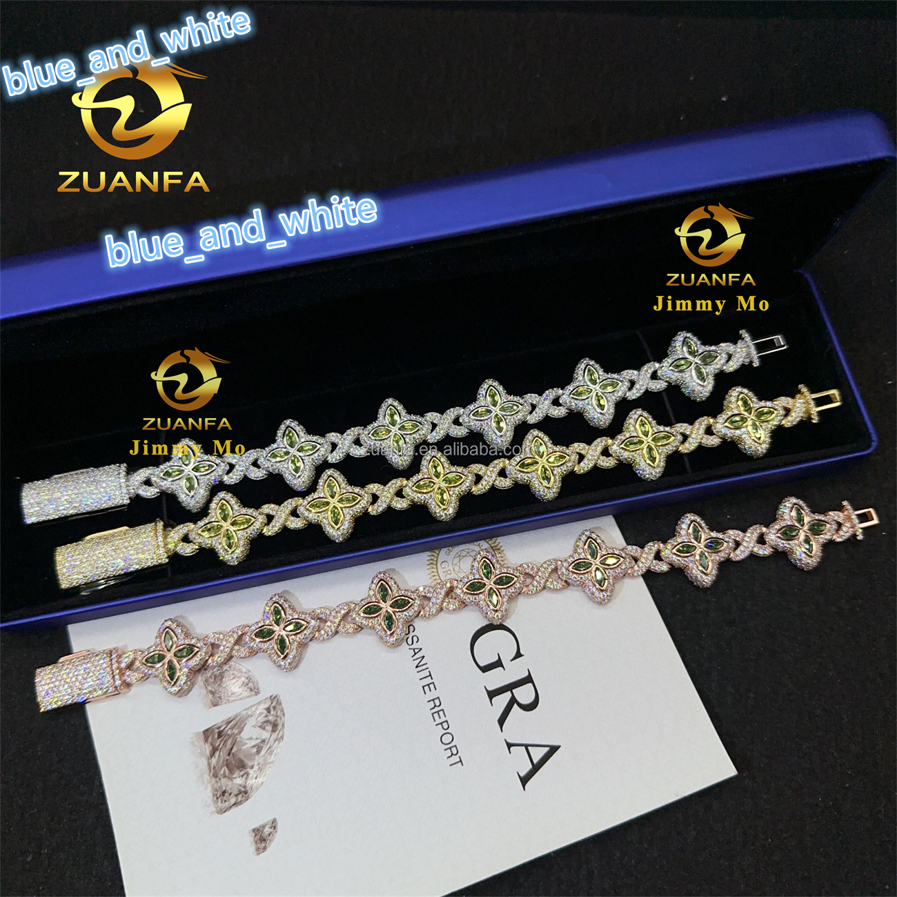 S925 Silver Marquise Flower Design Hip Hop Jewelry Iced Out Men Lab Moissanite Diamond Infinity Cuban Four Cleef Clover Bracelet