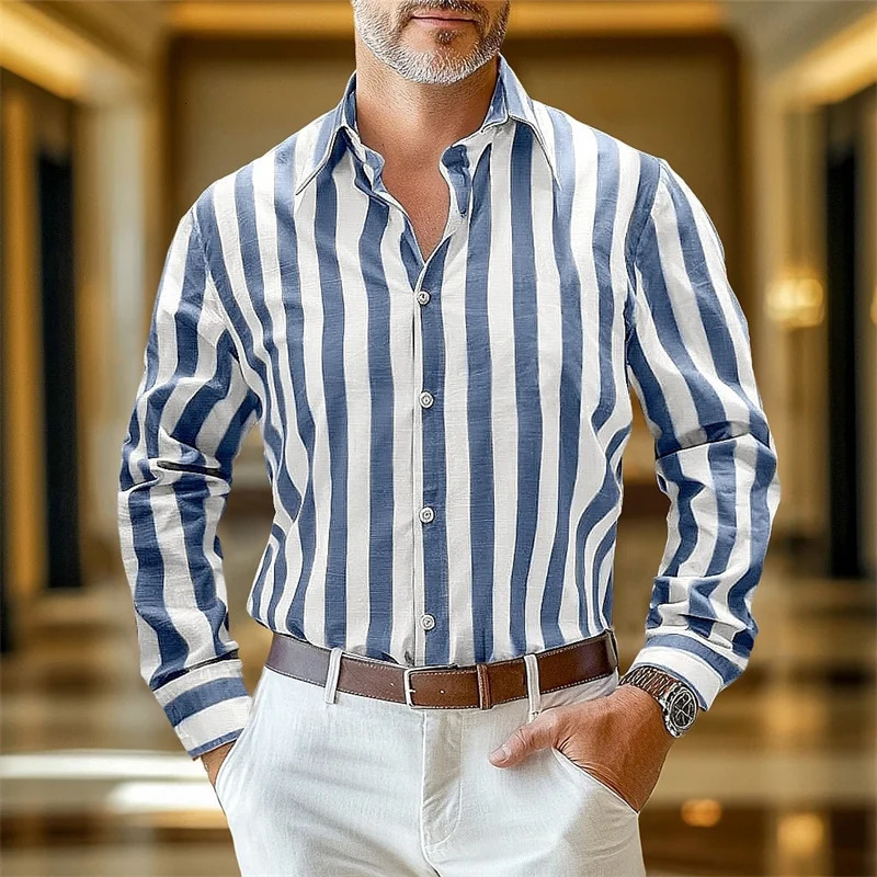 Mens Shirts Linen Shirts Summer Shirts Stripes Business Casual Everyday Yellow Pink Navy Green Long Sleeves Lapel Clothing 6XL 251020