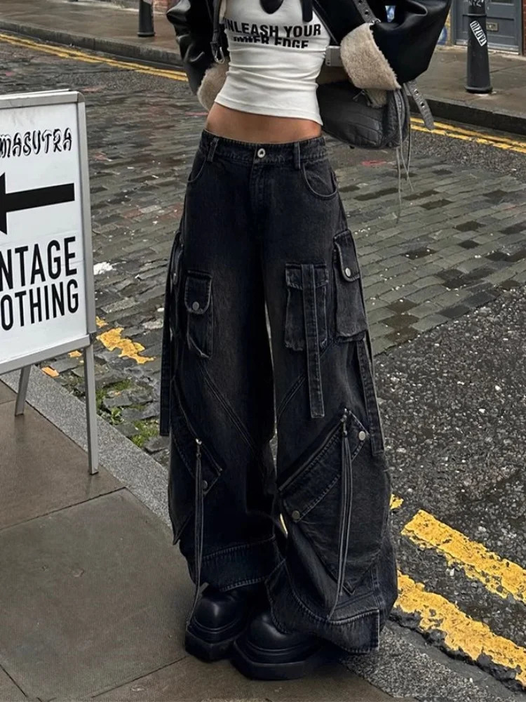 Punk Style Y2K Streetwear Washed Black Baggy Cargo Jeans Pants For Women Clothes Wide Leg Lady Trousers Ropa Mujer 251023