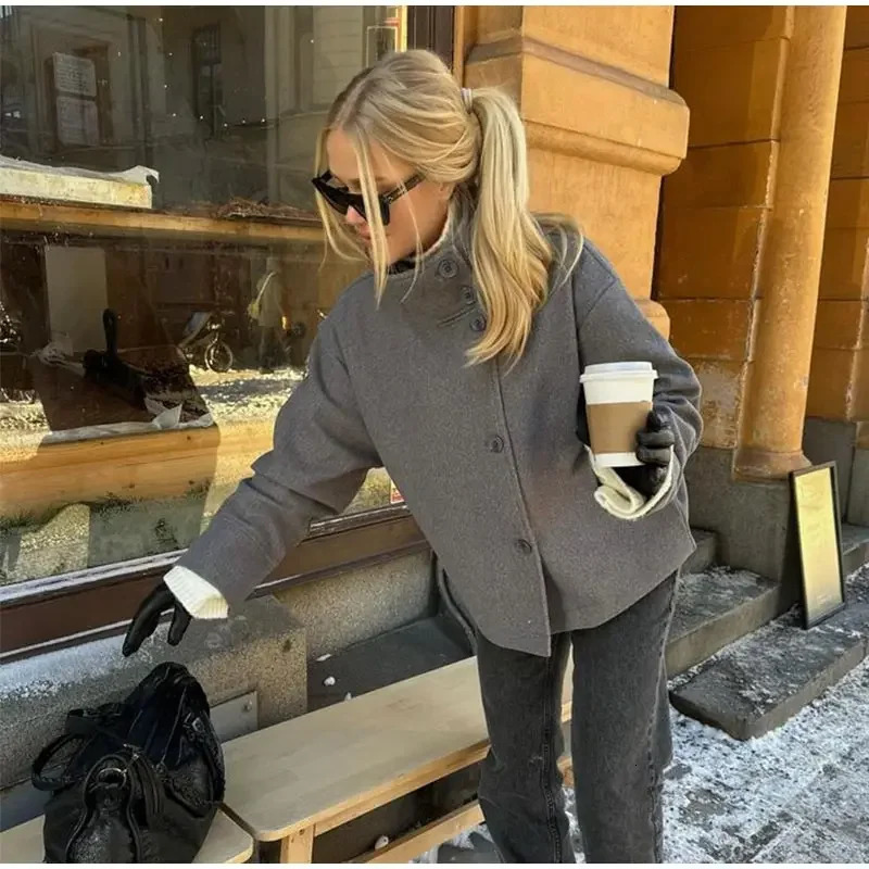 Women Fashion Stand Collar Woolen Jacket Single Breasted Long Sleeve Female Coat 2025 Autumn Chic Street Office Short Outerwears 251017