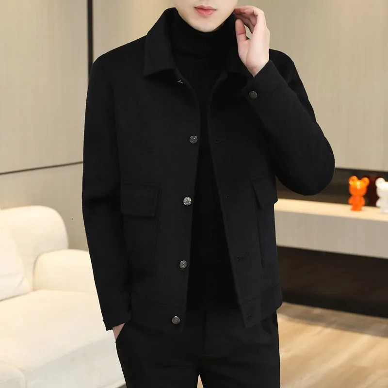 Mens Handstitched Singlebreasted Lapel Wool Coat Autumn Winter Short Doublesided Fashion Handsome 2024 251017