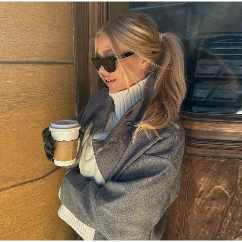 Women Fashion Stand Collar Woolen Jacket Single Breasted Long Sleeve Female Coat 2025 Autumn Chic Street Office Short Outerwears 251017