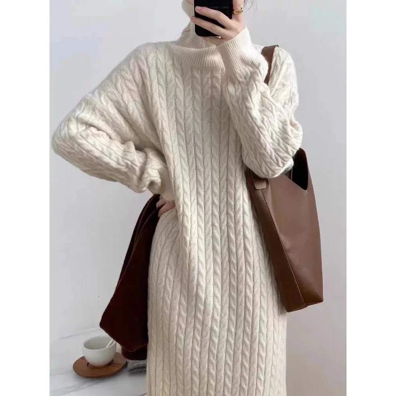 Thick Knitted Long Sleeve Dress Womens Loose Winter Style High Collar Long Dress Pure Color Tassel Sweater Dress 251023