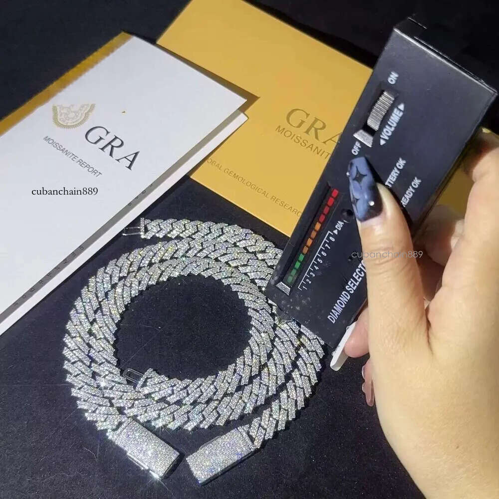 hip hop jewelry cuban link chain necklace designer for men 2 row bling moissanite dia 14MM wide choker iced out chains necklaces prong gold plate rock
