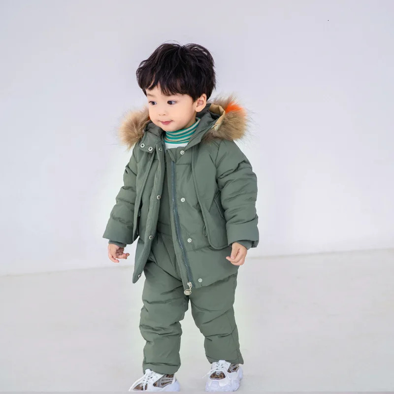 Winter 2 3 4 6 8 Years Fur Hooded JacketOveralls Suit 2Pcs Duck Down Children Clothing Set for Baby Kids Girls Boys 251023