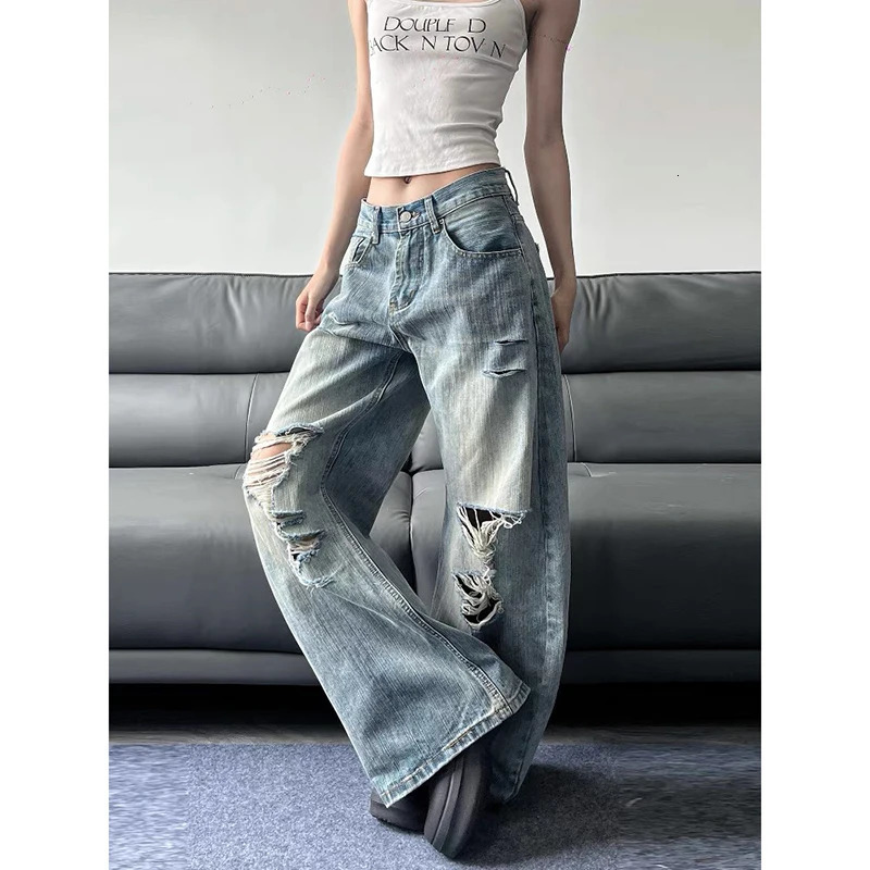 2025 Summer High Waist Ripped Womens Blue Jeans American Vintage Streetwear Y2K Wide Leg Jean 2000s Trouser Baggy Denim Pants 251023