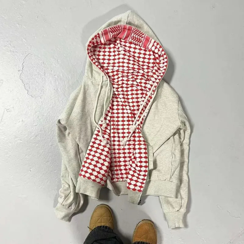 Y2K Fashion Oversized Doublesided Plaid Sports Hoodie Women Harajuku Hip Hop Casual Couple Sports Zipper Plaid Sweater 251023