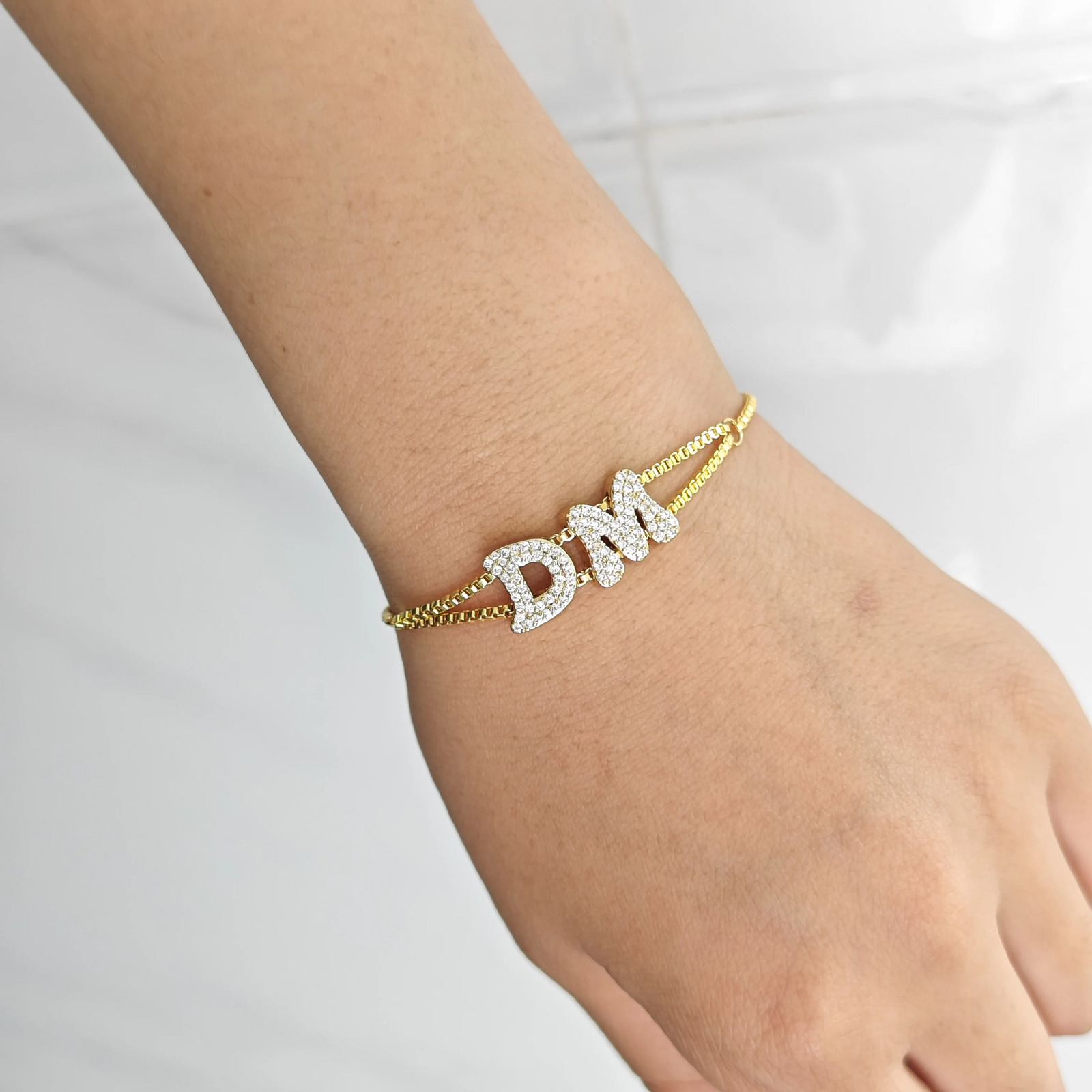 DOREMI Crystal Zircon Name Customized Letter Doubel Chain Mesh Dainty Sliding Slider Letter Personalize Name Bracelets 251023