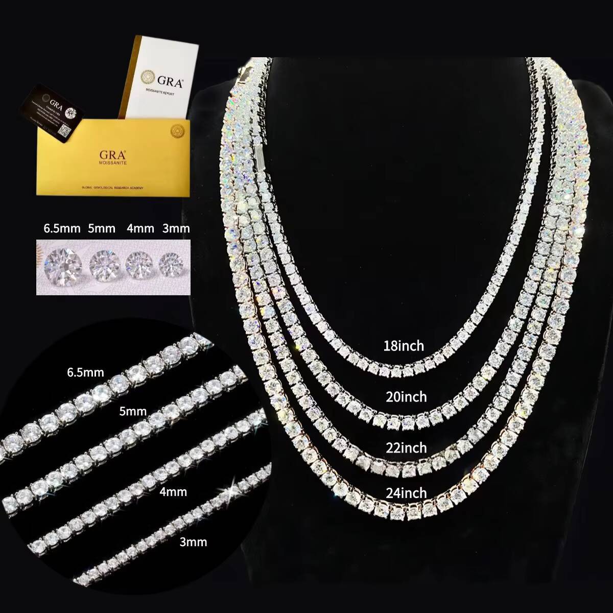 925 Silver VVS Diamond Necklace for Men Colorful YellowBlack Moissanite Tennis Chain Hip Hop Style Mens Jewelry