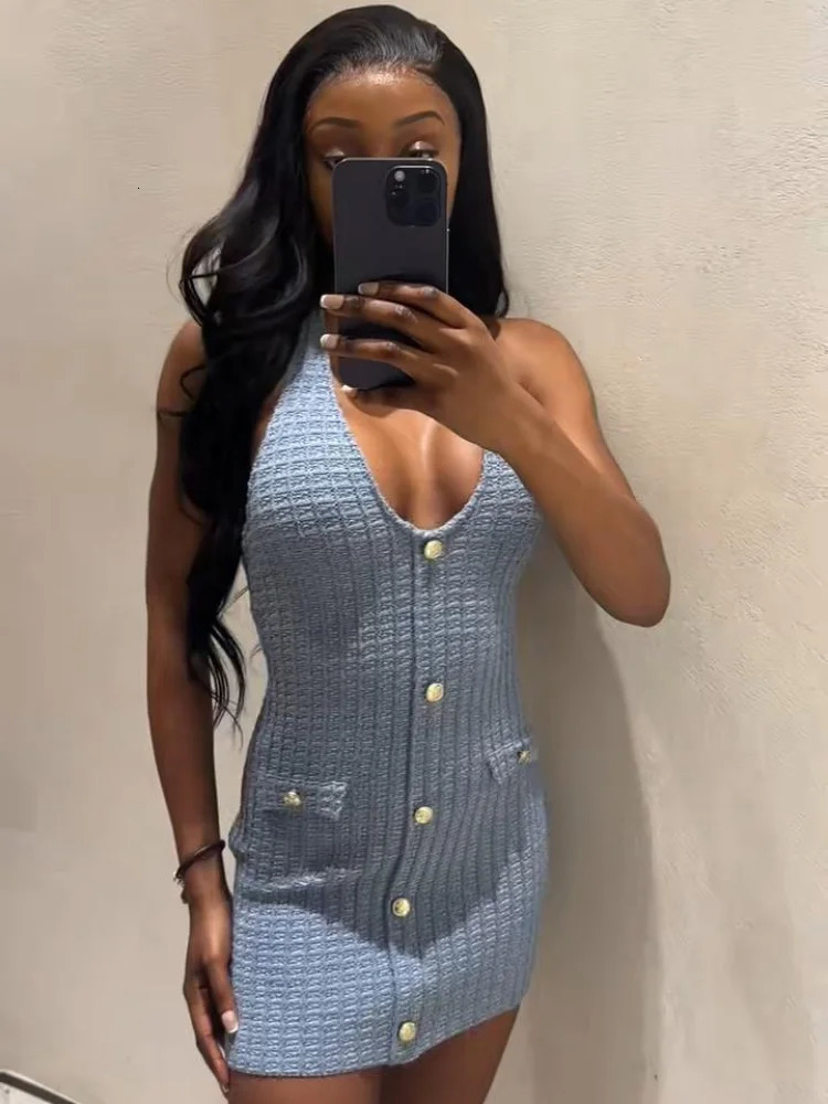 Fashion Tweed Knitted Halter Mini Dress For Women Y2K Slim Sleeveless Backless Bodycon Dress Summer Vacation Party Chic Vestidos 251018