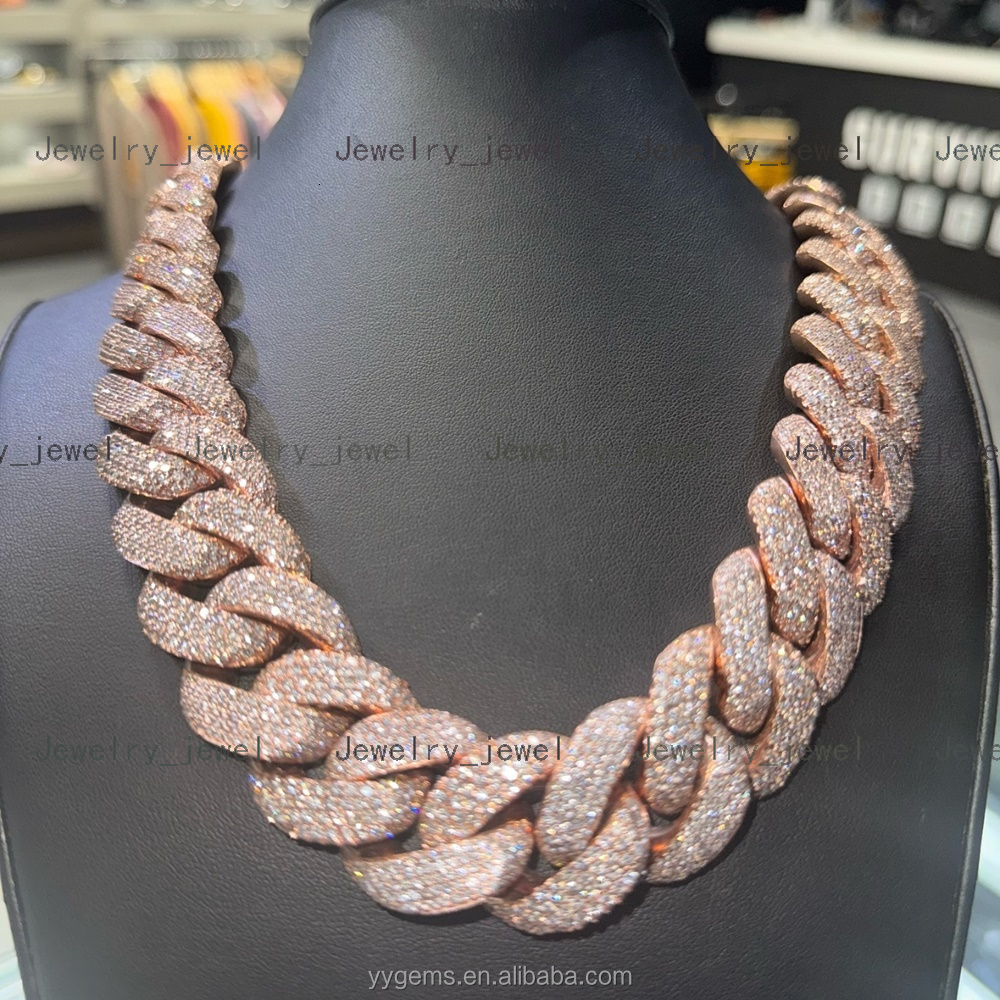 Yu Ying Custom Heavy Chain 20mm 22mm Men Full Iced Out Moissanite Rose Gold 925 Silver Cuban Link Chain Necklace Hip Hop Jewelry