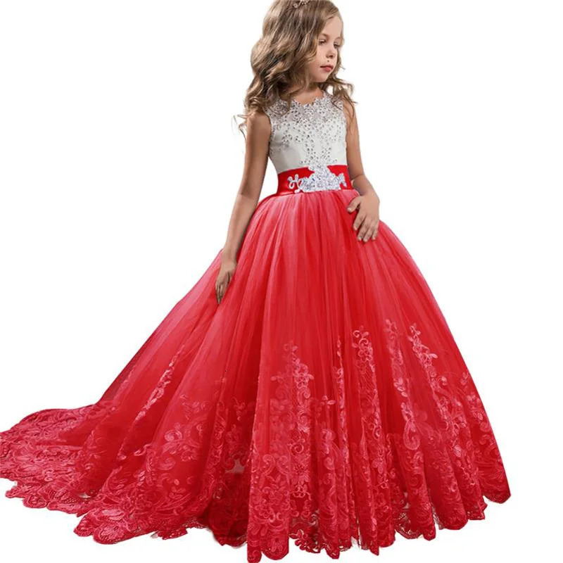 Trailing White Lace Kids Wedding Dress For Girls First Communion Evening Bridesmaid Dresses Children Girl Princess Party Dresses 251023