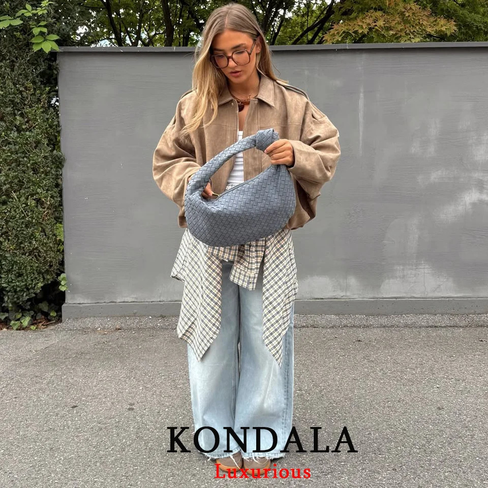 KONDALA Casual Chic Khaki Suede Bomber Jackets Women Long Sleeve Zipper Oversized Coats Fashion Fall Winter Outwears 251020