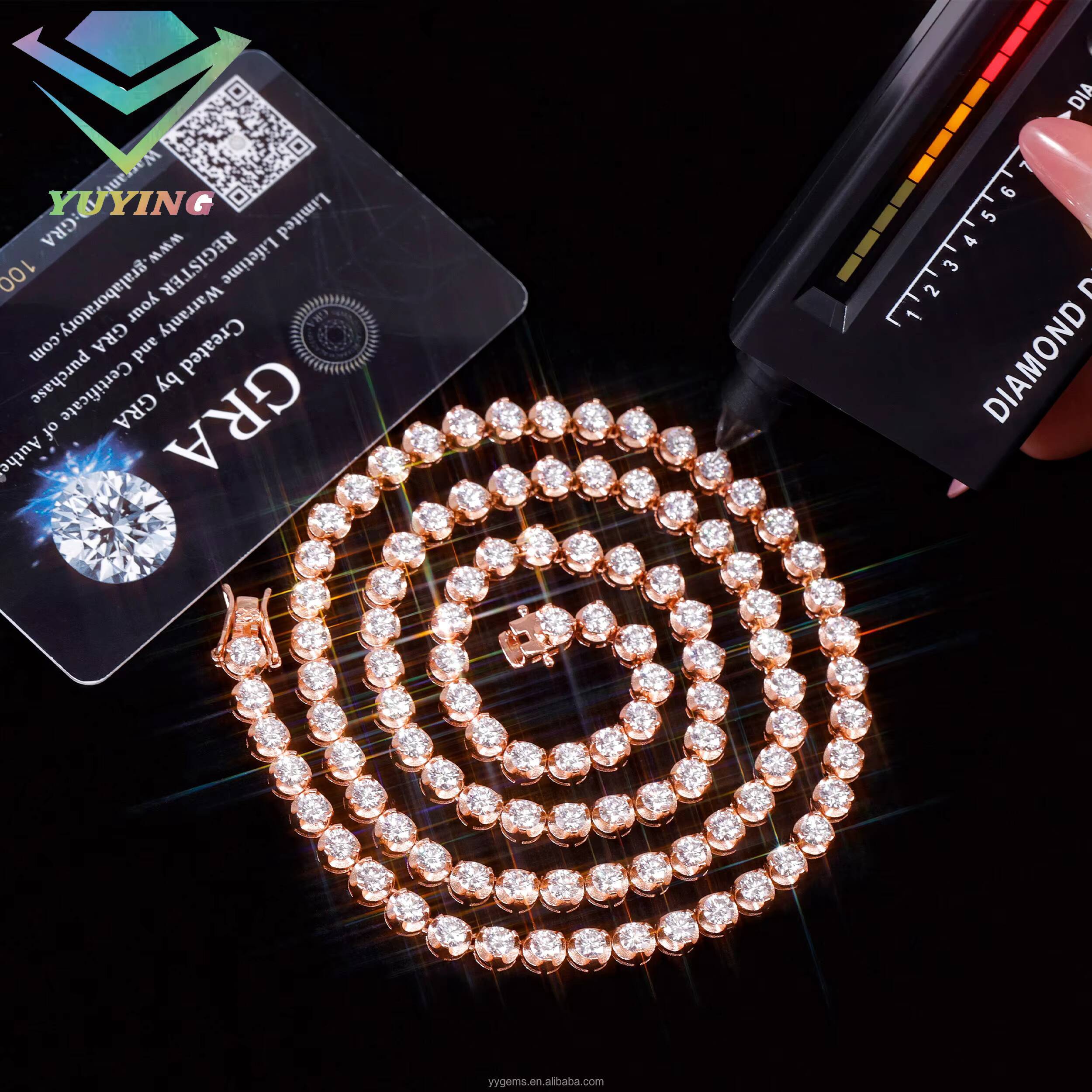 Fashion 3 Prongs 925 Sterling Silver 4mm VVS Mossanite Tennis Chain High Quality 18k Rose Gold Plated Moissanite Tennis Chain