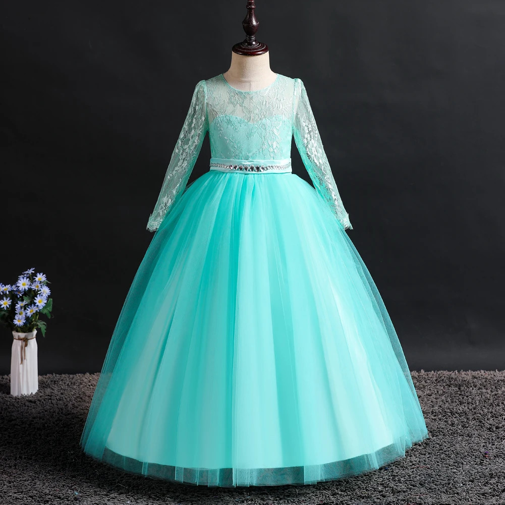 Long sleeved girls fluffy skirt with lace and diamond flower child wedding dress bridesmaid dress for 3 to 12 Year 251023