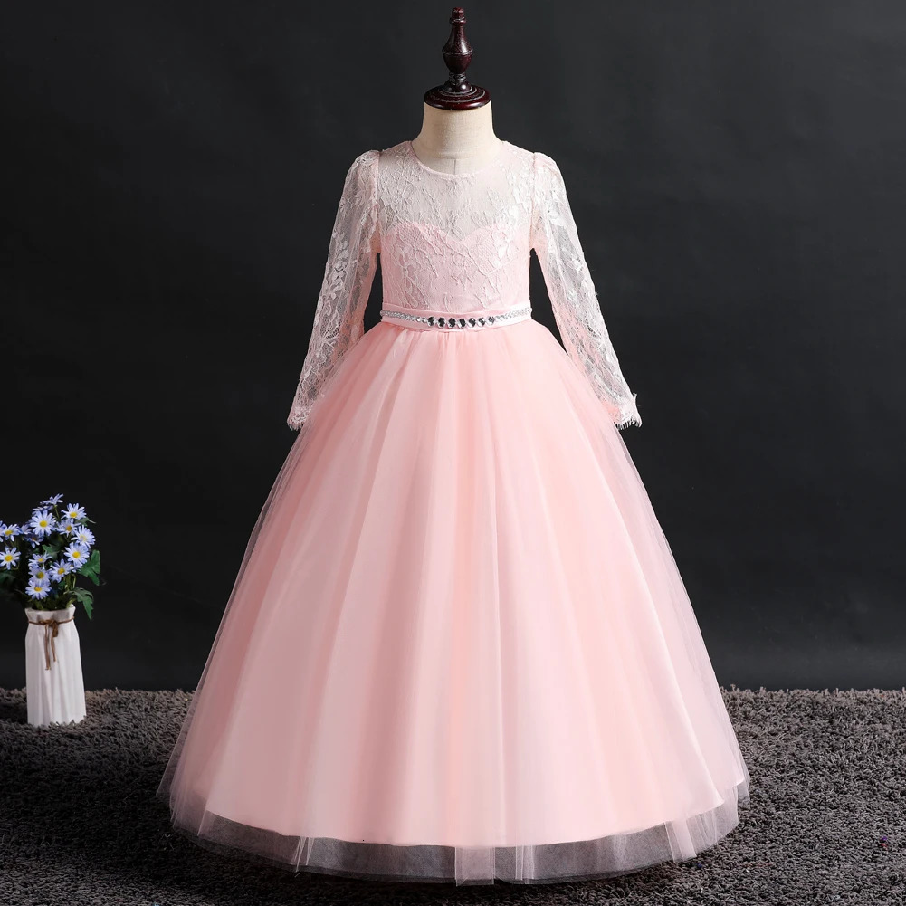 Long sleeved girls fluffy skirt with lace and diamond flower child wedding dress bridesmaid dress for 3 to 12 Year 251023