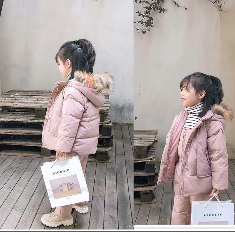 Winter 2 3 4 6 8 Years Fur Hooded JacketOveralls Suit 2Pcs Duck Down Children Clothing Set for Baby Kids Girls Boys 251023