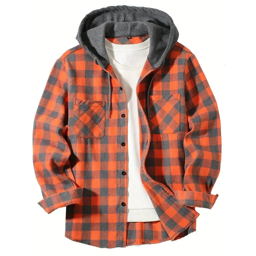 Mens Shirts Classic Plaid Casual Button Down Hooded Long Sleeved Double Pockets Shirt Hoodie Flannel Jacket Spring Autumn Tops 251023