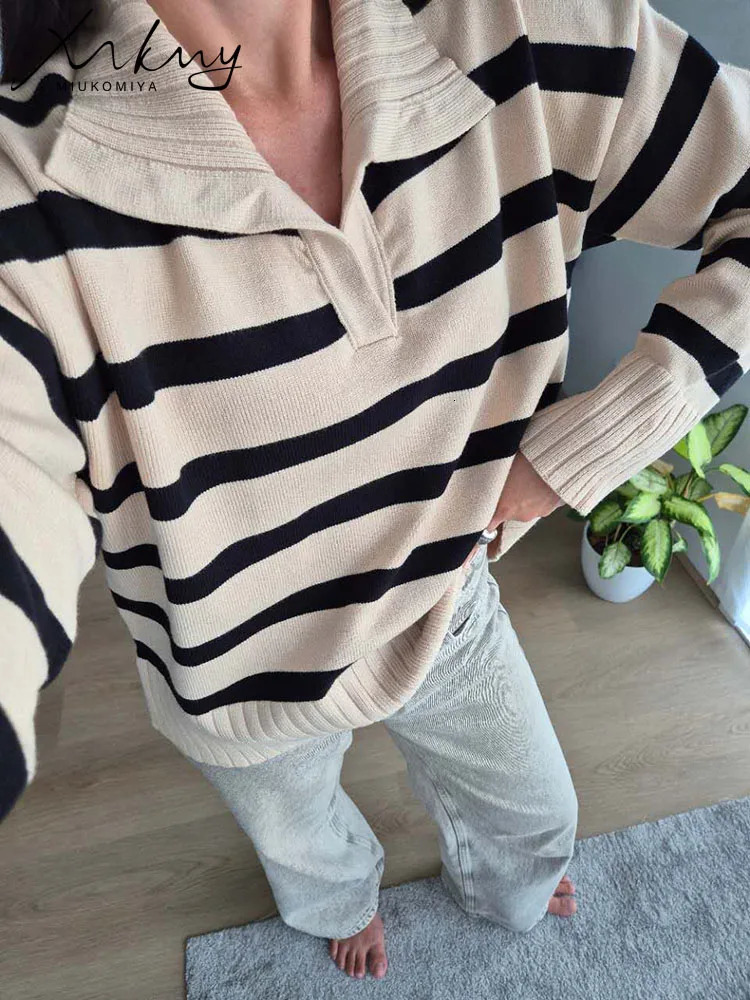 MiuKoMiYa Autumn Striped Sweater Women Loose Polo Knit Pullover Warm Long Sleeves Tops Khaki Knitted Jumpers Women Oversized 251023