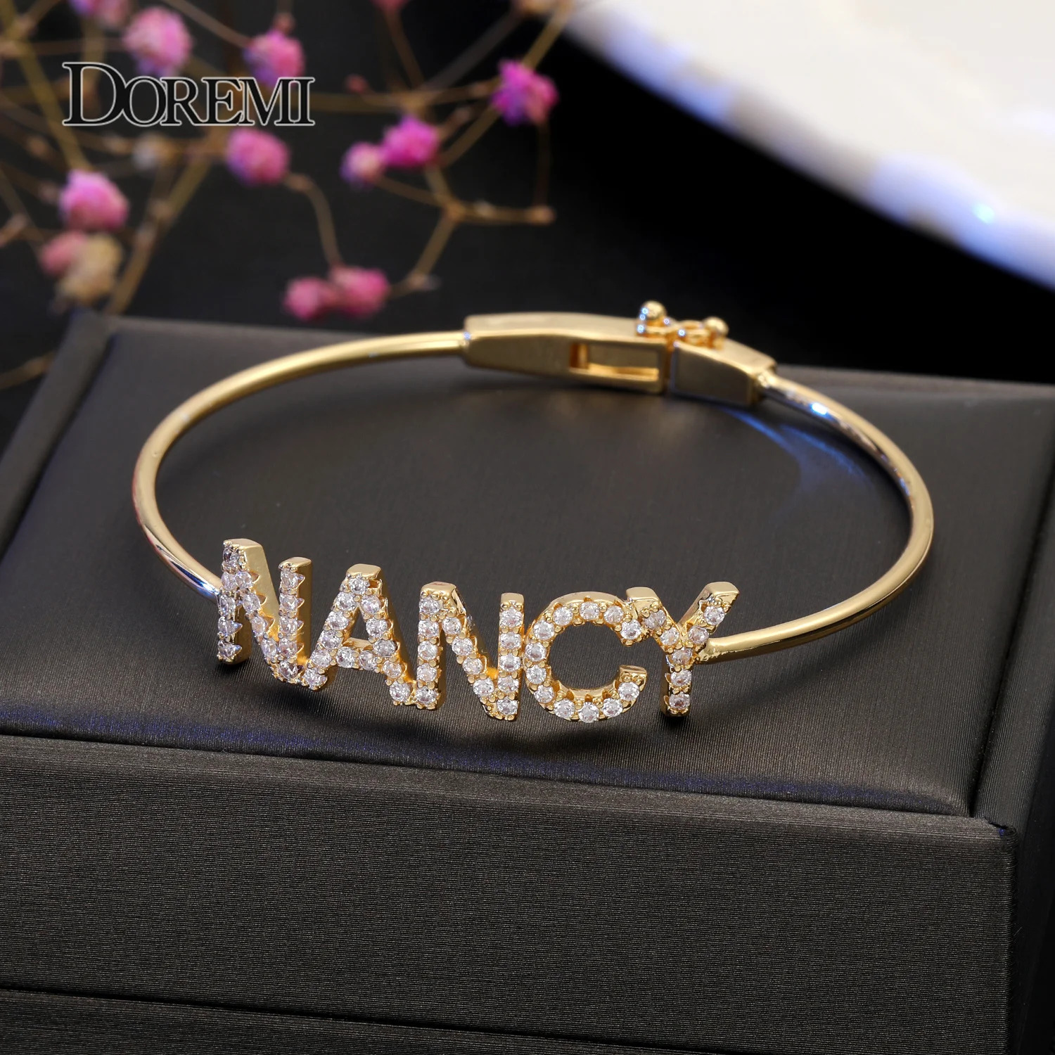 DOREMI Crystal Name Bangle with Zircon Pink Heart Bracelet Custom 9mm Letter Personalized Bracelets Rhinestone Hand Jewelry 251023