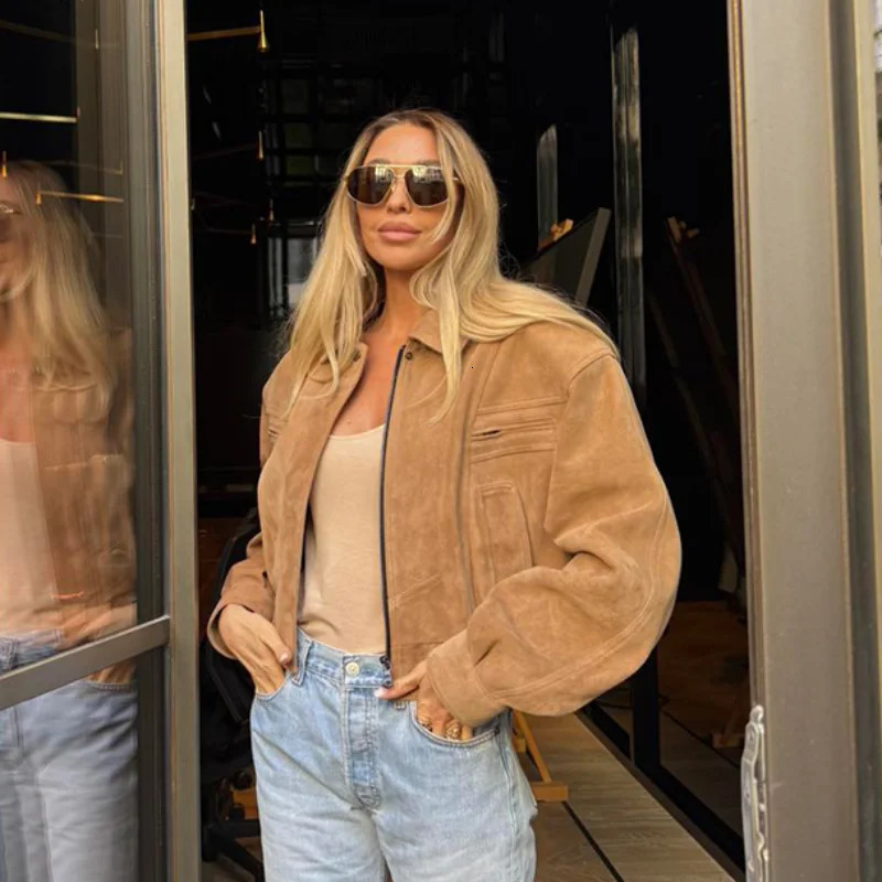 Vintage Suede Jacket For Women Long Sleeve Pocket Turndown Collar Zipper Short Coat Autumn Winter Streetwear Lady Outwears 251020
