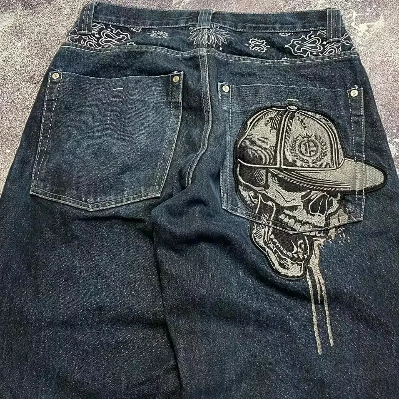 Street Fashion Trend Skull Embroidered Jeans Women Harajuku Y2K Hip Hop Joker Straight Wideleg Pants Couple Casual Jeans 251023