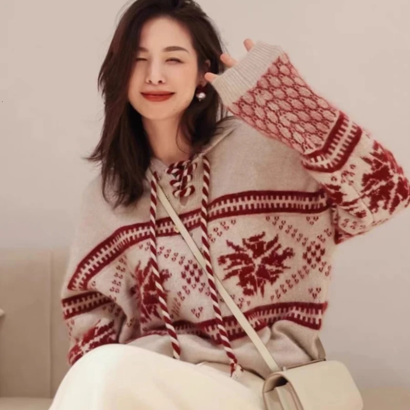100 pure wool cashmere sweater womens autumn and winter hooded collar pullover fashionable loose knit plus size top 251023