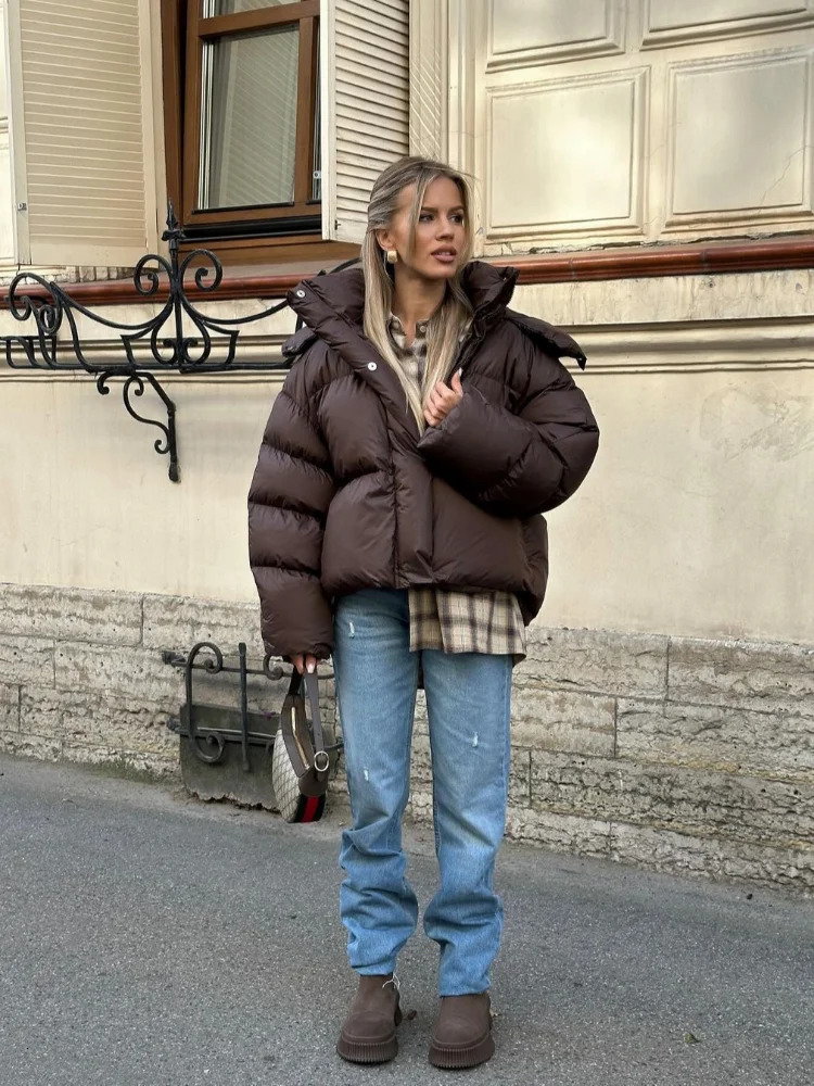 Women Brown Hooded Cotton Coat Fashion Lapel Full Sleeve Zipper Button Warm Loose Short Coats Lady Winter Casual Street Outwear 251020